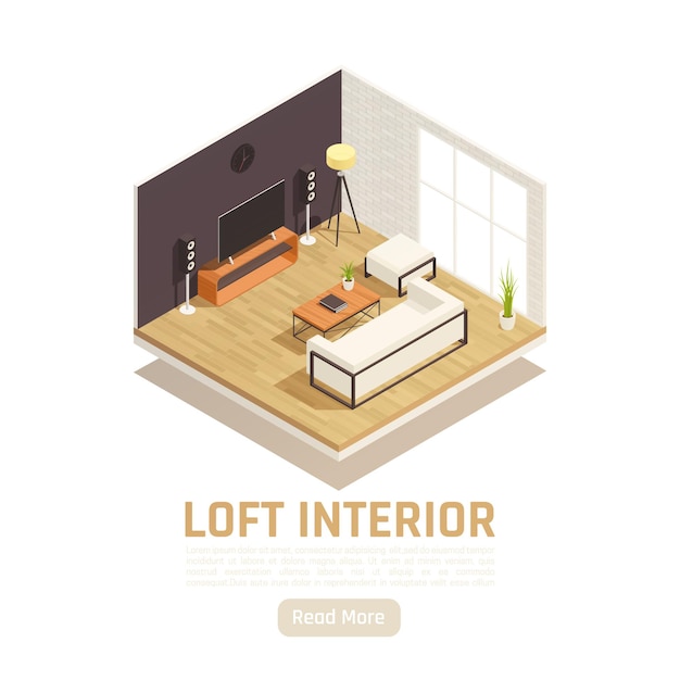 Modern loft home tv movie center interior  isometric