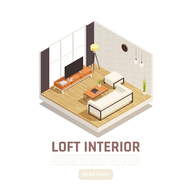 Modern loft lounge interior isometric view