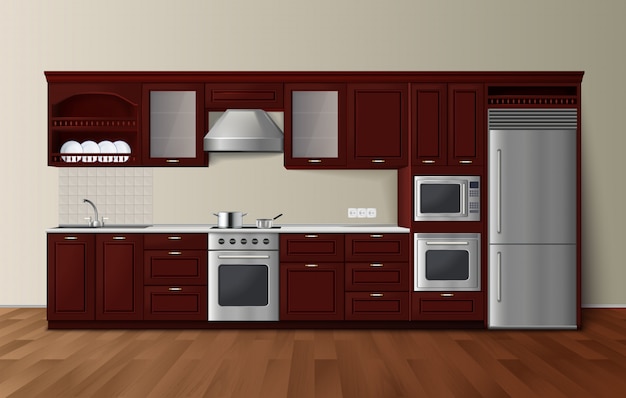 Modern luxury kitchen dark brown cabinets with built-in microwave oven realistic side view image vec