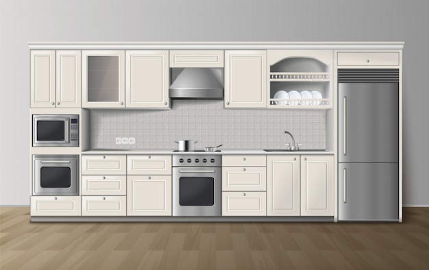 Modern luxury kitchen white cabinets with built-in cooker and refrigerator realistic side view image