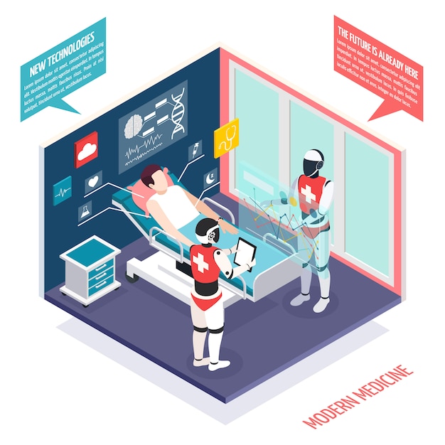 Modern medical technologies in health care isometric composition with two nanorobots preparing patient for surgery illustration