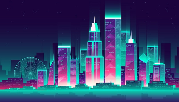 Free Vector modern megapolis at night. glowing buildings and ferris wheel in cartoon style, neon colors 