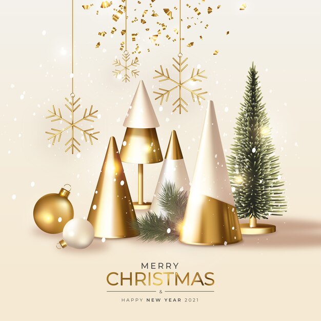 Modern Merry Christmas greeting card with Realistic 3d Golden Christmas