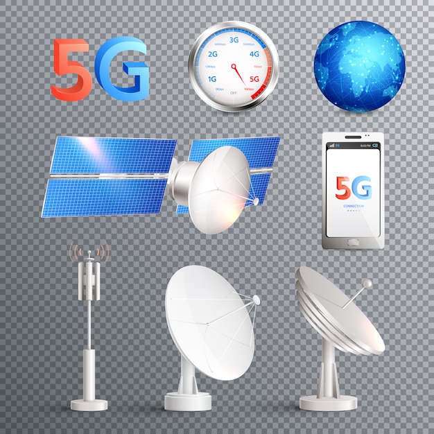 Modern mobile internet technology transparent set of isolated elements promoting signal transmission of 5g standard realistic