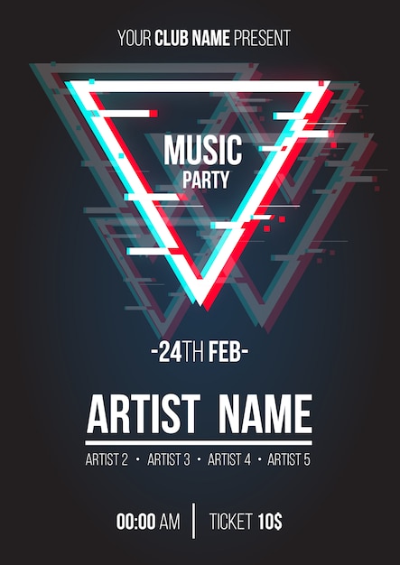 Free vector modern music poster with glitch triangle