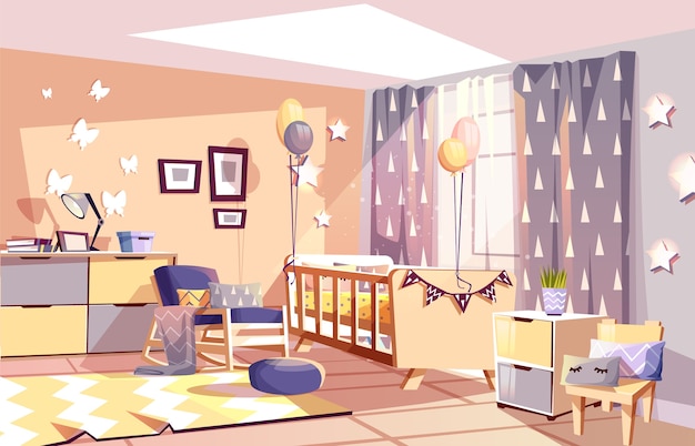 Free Vector modern newborn kid or nursery room interior illustration of bedroom furniture 