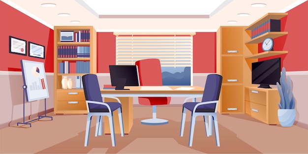 Free vector modern office of boss interior design background room for work with chairs table with computer monitor cupboard with books and documents plants tv