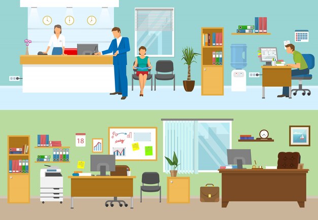 Modern office compositions with people at workplaces and nobody in green room isolated vector illustration