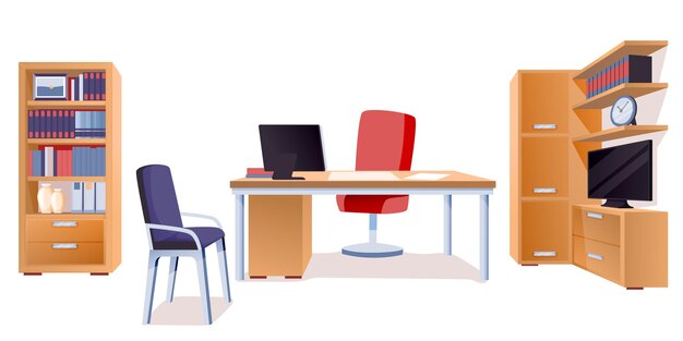 Modern office interior design elements chairs table with computer monitor cupboard with books and documents tv and clock Workplace furniture on white background