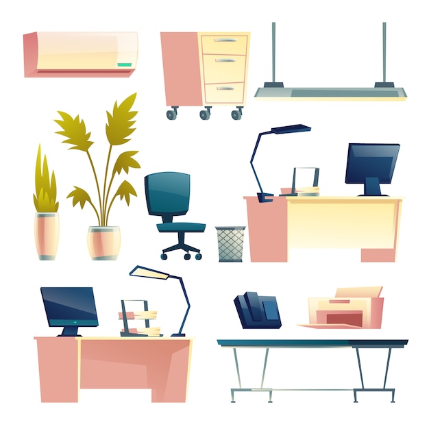 Free Vector modern office workplace furniture, equipment and supplies isolated cartoon set