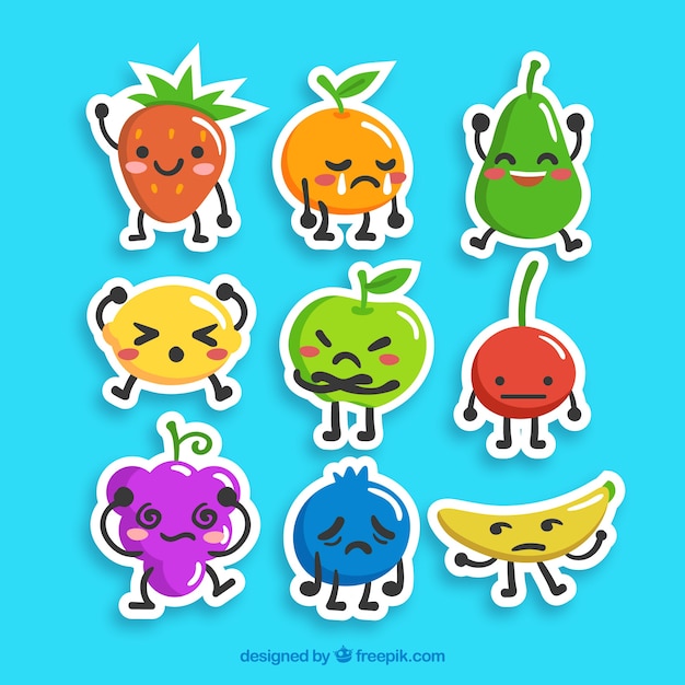 Free Vector modern pack of funny fruit stickers