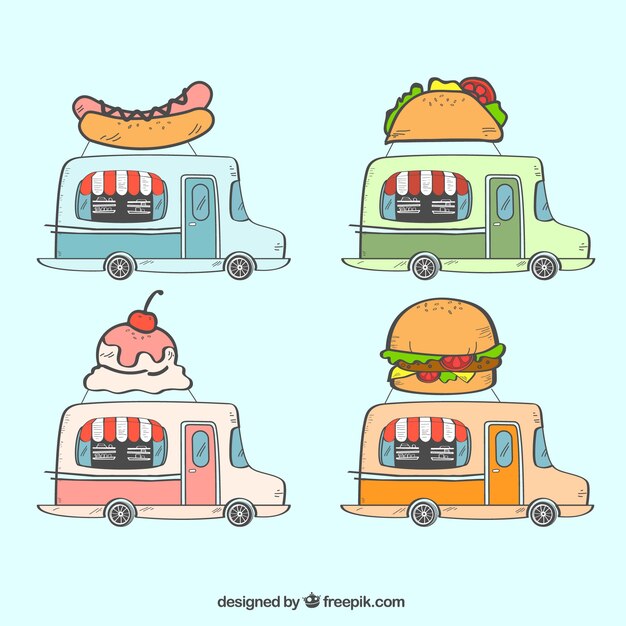 Modern pack of hand drawn food trucks