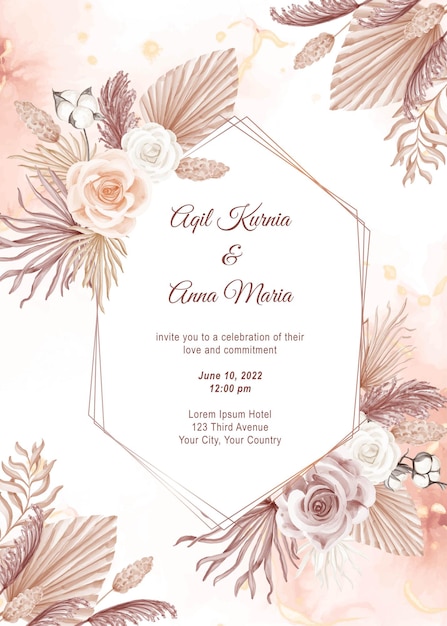 Modern Pink Boho Style Wedding Card Invitation Template