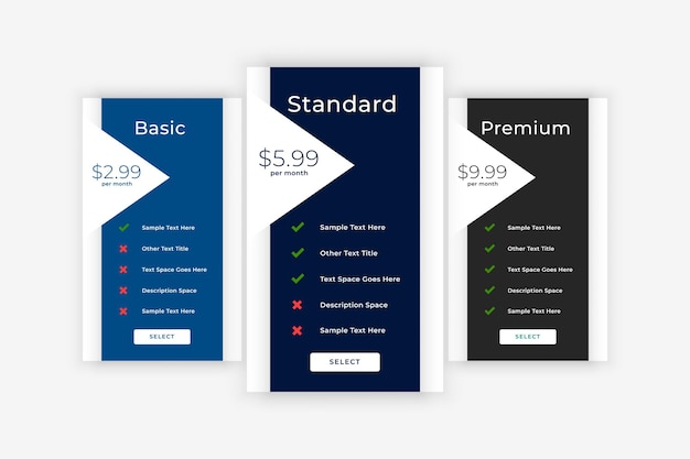 Modern plans and pricing business table template