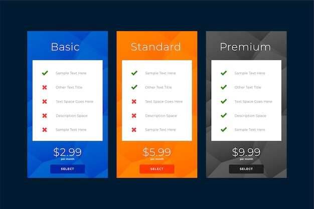 Modern plans and pricing subscription comparison template