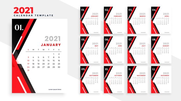 Modern red and black new year 2021 calendar design template