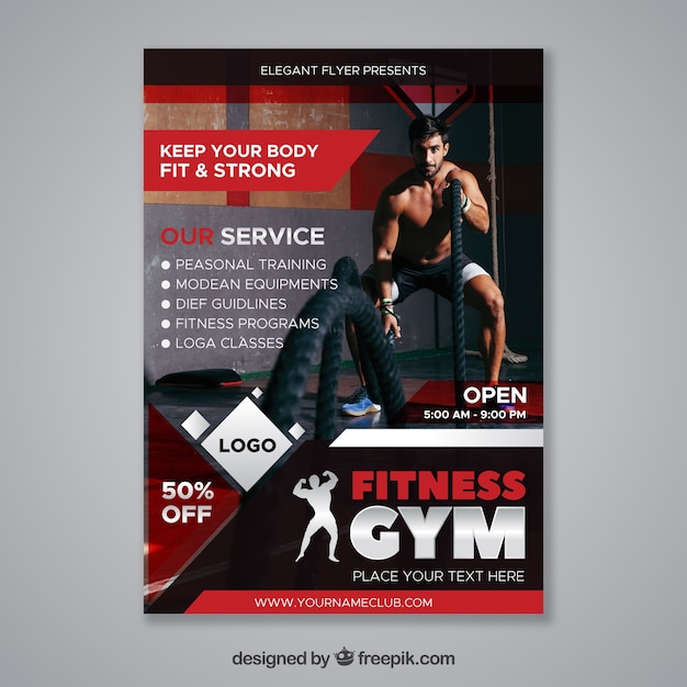 Free vector modern red gym flyer template with image