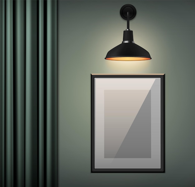 Free vector modern room interior with glowing wall lamp blank picture frame and curtain realistic vector illustration