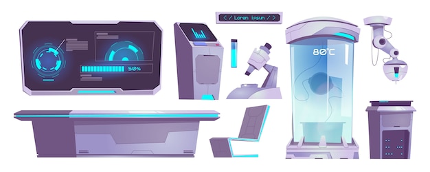 Modern science laboratory equipment, microscope, chemical tube, computer and table isolated . Vector cartoon set of technology icons of scientific lab for test and analysis