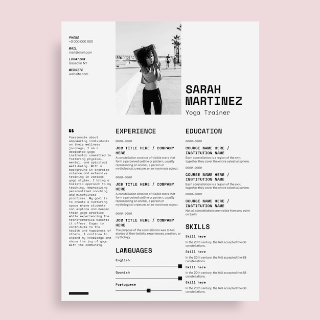 Modern simple yoga trainer resume template