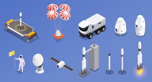 Modern space program set of isometric icons and isolated rocket images with landing modules and satellites vector illustration