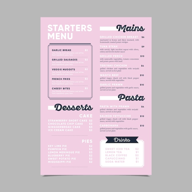 Free Vector modern starters menu template