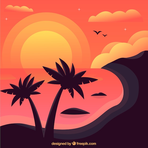 Free Vector modern summer background with palm trees at sunset