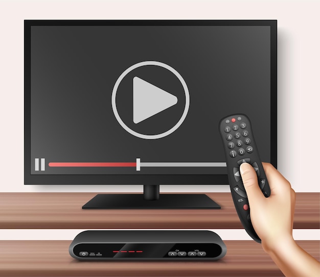 Free Vector modern television technology realistic background with smart tv  and remote controller in human hand stopping video transmission vector illustration