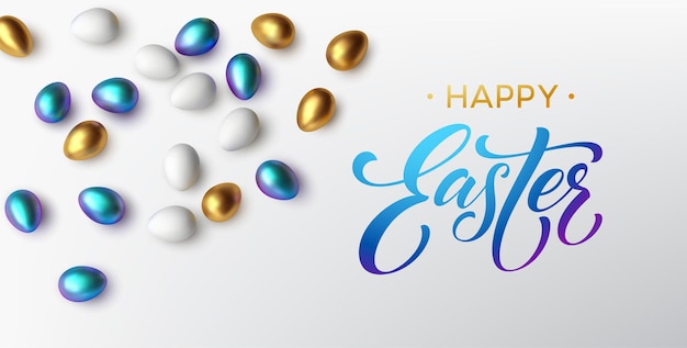 Modern trendy Golden metallic shiny typography Happy Easter on a background of easter eggs. 3D realistic lettering for the design of flyers, leaflets, posters and cards Vector illustration EPS10