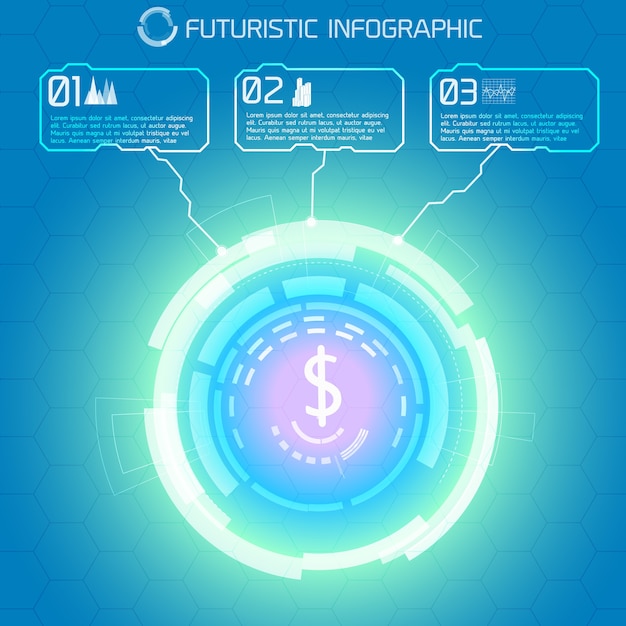 Modern virtual technology conceptual background with decorative light circle and dollar sign with rectangular infographic captions