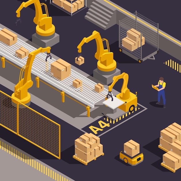 Modern warehouse equipment isometric composition with computer controlled robotic arms loading and sorting cargo packages