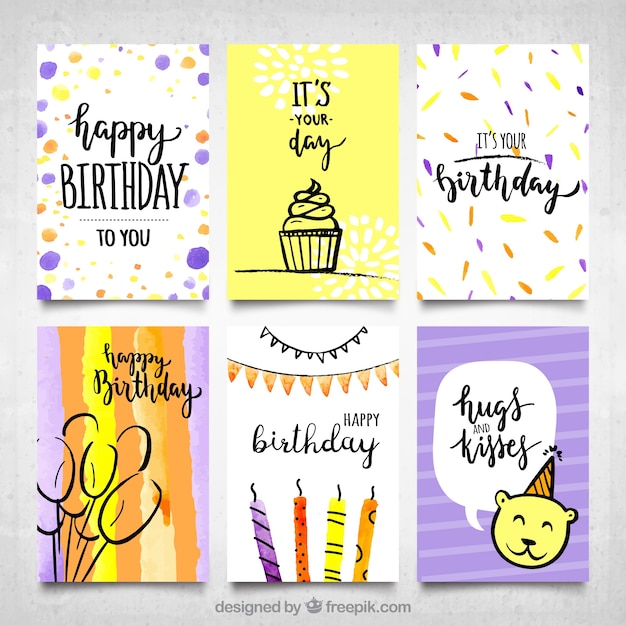 Free vector modern water color birthday cards collection