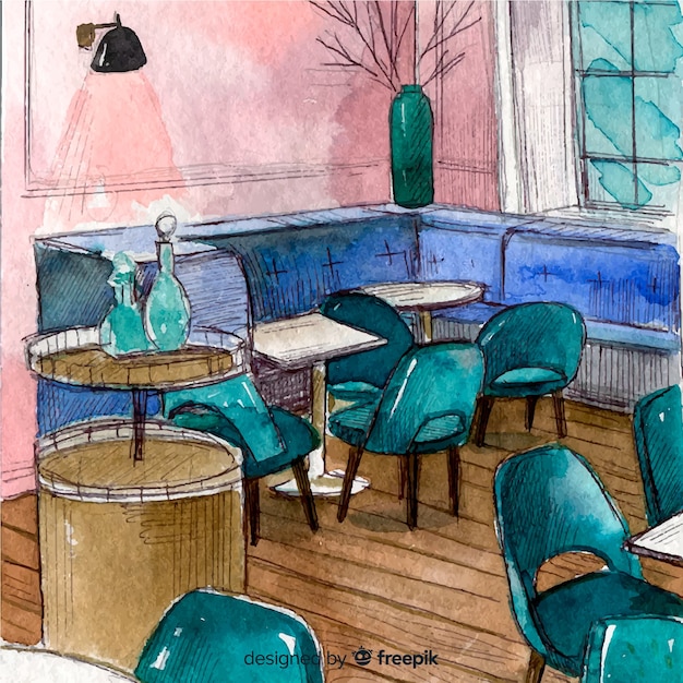 Free vector modern watercolor restaurant interior