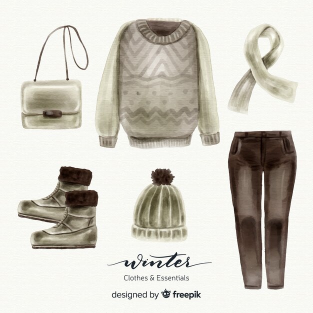 Modern watercolor winter clothes collection