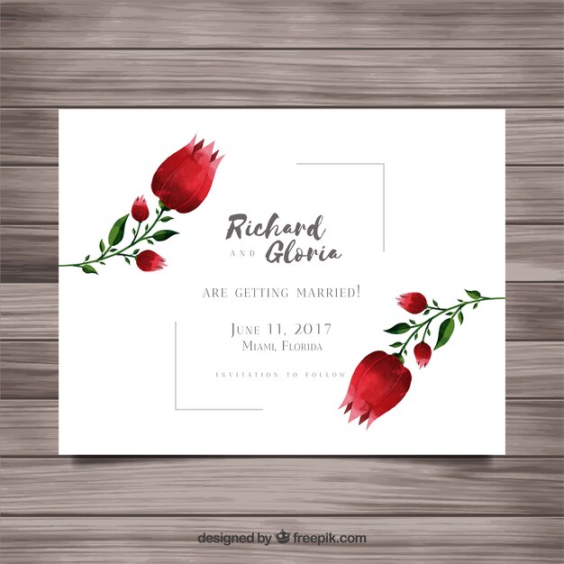 Modern wedding card with watercolor roses