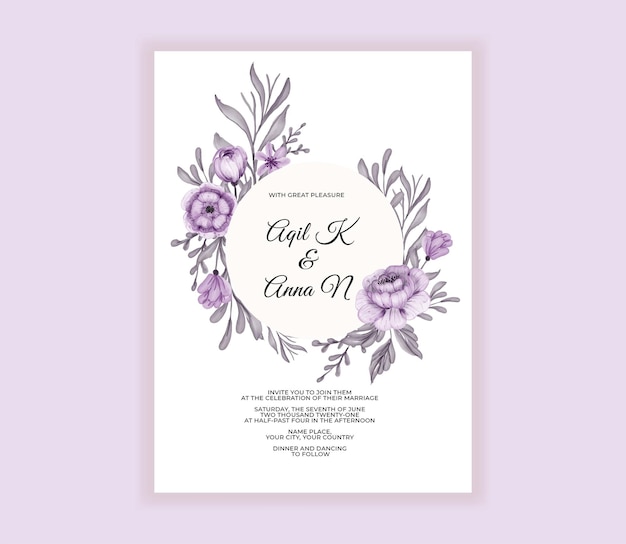 Modern wedding invitation card with beautiful purple flowers