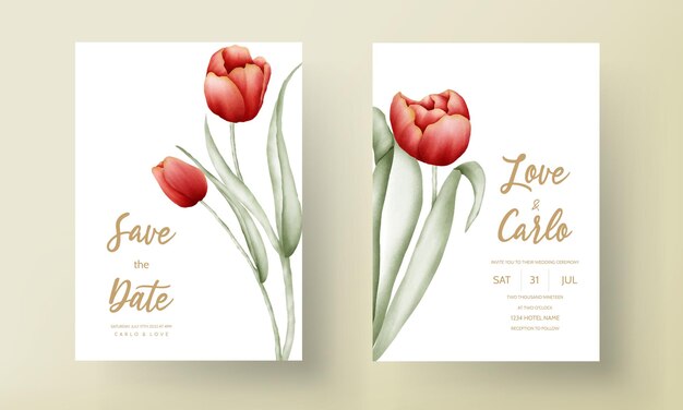 Modern wedding invitation card with beautiful red tulip flower