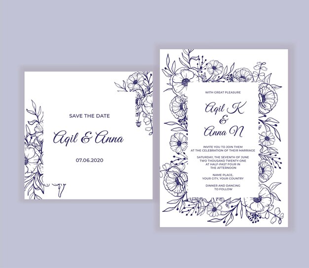 Modern wedding invitation with beautiful line art flower