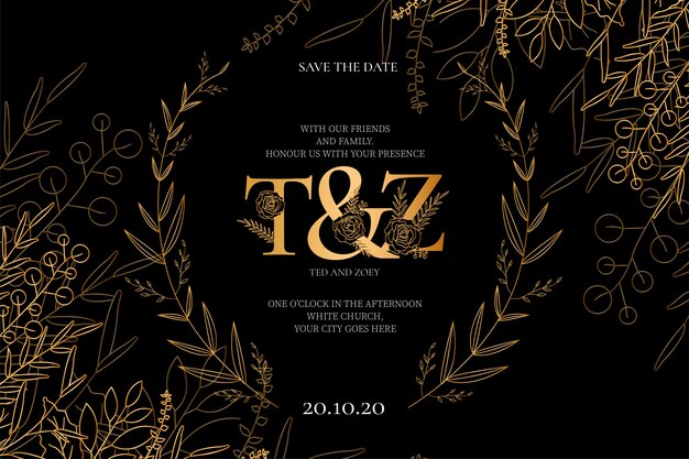 Modern Wedding Invitation with Golden Flowers