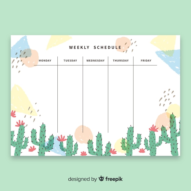 Free Vector modern weekly schedule template with watercolor cactus