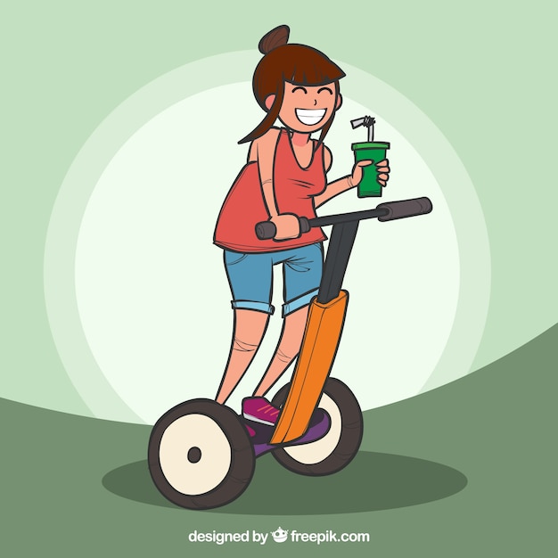 Modern woman with segway and drink