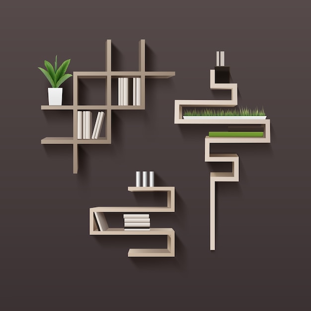 Free Vector modern wooden bookshelf with books and plants in interior