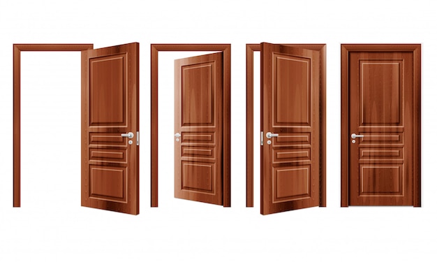 Free Vector modern wooden opened and closed door in different positions realistic set isolated illustration