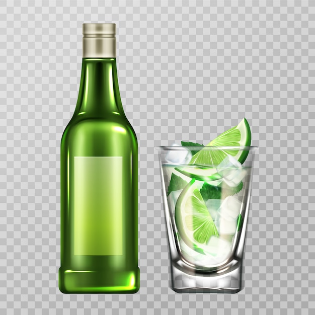 Mojito bottle and glass with liquor, lime and ice