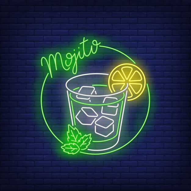 Mojito neon text, drink glass, ice cubes, lemon and mint