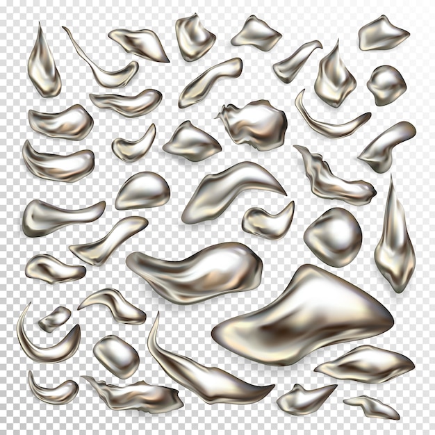 Free vector molted precious metal drops, liquid silver blots, mercury swirls 3d realistic vector set