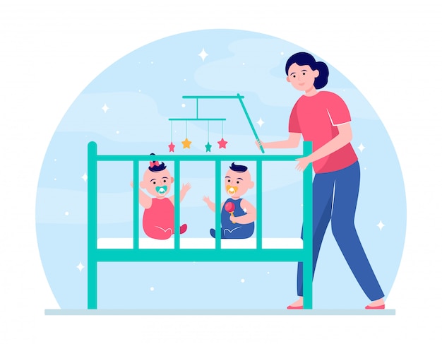 Free Vector mom calming down twin babies in crib