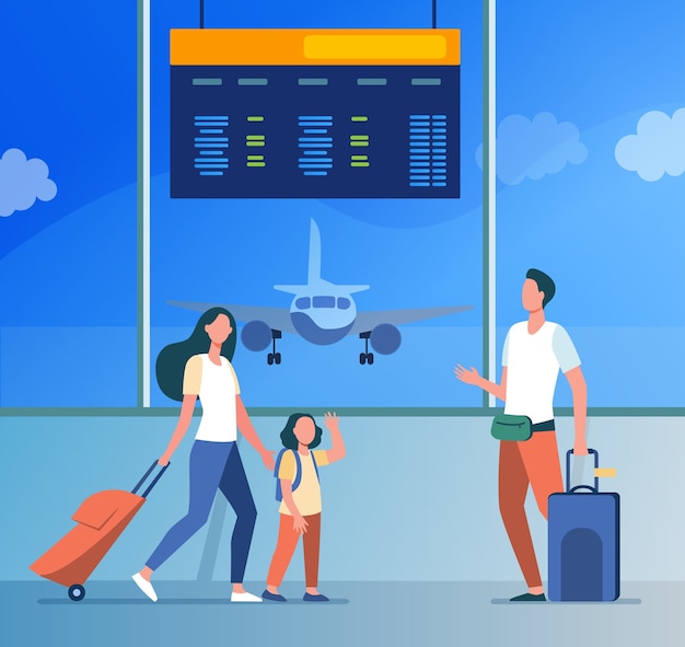 Mom and little daughter meeting with dad in airport. Parents and kids, luggage, airplane flat illustration.