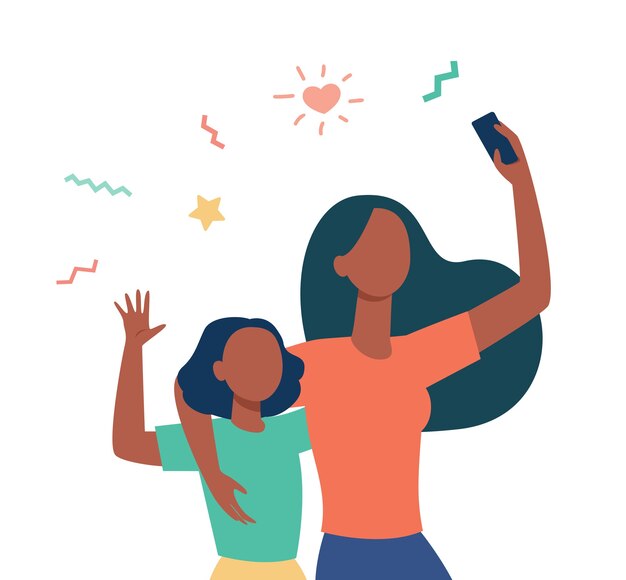 Mom and little daughter taking selfie together. Using smartphone for video call, waving hello flat illustration