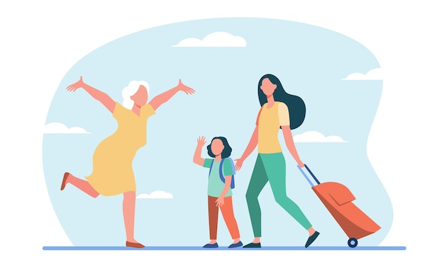 Free Vector mom and little daughter with luggage meeting with grandma. senior woman running with open arms flat illustration.